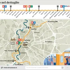 Mappa della metro di Roma, con il tracciato della linea B e Metromare. Mostra le fermate, la lunghezza e il costo stimato.