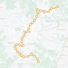 Mappa di Roma con la linea del metro d evidenziata in arancione, che attraversa la città da nord-ovest a sud-est, passando per zone come Tufello, Garbatella ed EUR.