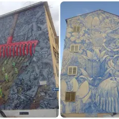 Due murales a San Basilio: uno con un rastrello rosso su un campo di detriti e figure mitologiche, l'altro con fiori e insetti in blu.