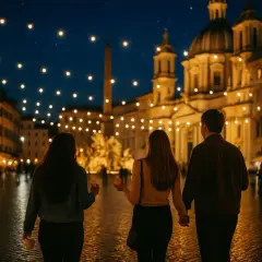 Passeggiata serale a Roma, con luci soffuse che illuminano la piazza e un'atmosfera magica.