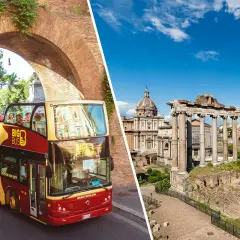 Un bus turistico rosso a due piani attraversa un arco di mattoni a Roma, con il Foro Romano sullo sfondo. Le linee bus Roma offrono un modo comodo per esplorare la città.
