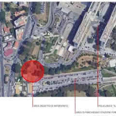Vista aerea di Roma: area oggetto di intervento vicino alla fermata Policlinico, con parcheggio stazione ferroviaria e Policlinico Gemelli.