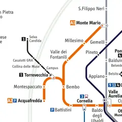 Mappa metro Roma: linea A, con fermate Valle Aurelia, Cornelia, Ottaviano e Termini.