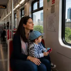 Mamma e bambino guardano fuori dal finestrino della metro. I bambini pagano la metro a Roma, ma questo piccolo esploratore è troppo giovane per preoccuparsi del biglietto.