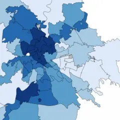 Mappa di Roma con quartieri colorati in diverse tonalità di blu, che indicano dati specifici per ogni zona.