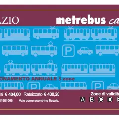 Abbonamento annuale Metrebus Lazio 3 zone, con icone di treni, bus e auto. Costo €404,00.