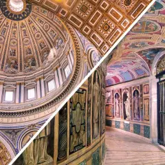 Interni della basilica di San Pietro: la cupola maestosa e un corridoio affrescato. Ricerca breve.