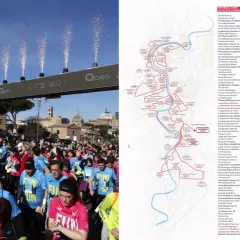 La folla festeggia alla partenza di una maratona a Roma, con fuochi d'artificio e la mappa del percorso. Notizie sulla metro e la gara.
