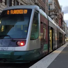Tram 2 in Roma, direzione Flaminio, si ferma in una strada alberata con palazzi storici.