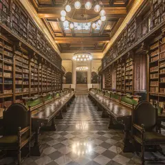 Interno della biblioteca di archeologia e storia dell'arte a Roma, con lunghe tavolate e scaffali pieni di libri antichi.