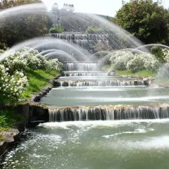 Cascata monumentale con rose bianche, un'opera che evoca la grandezza del quartiere EUR Mussolini.