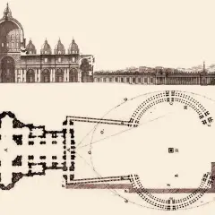 Disegno architettonico di San Pietro: vista esterna e pianta. L'altezza di San Pietro è rappresentata in dettaglio.