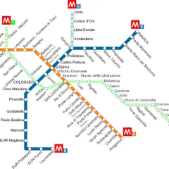 Mappa della metro di Roma, con le linee A, B e C. La linea C include la fermata Torre Maura.