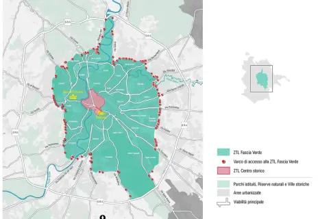 Mappa di Roma: come arrivare a Termini senza ZTL. Indica la Fascia Verde, i varchi e il Centro Storico.
