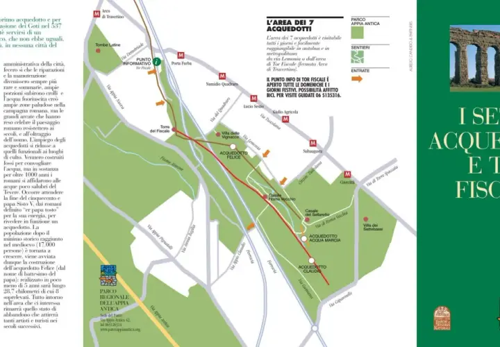 Mappa dell'area dei 7 acquedotti, tra cui l'Acquedotto Appio, con percorsi e punti di interesse.