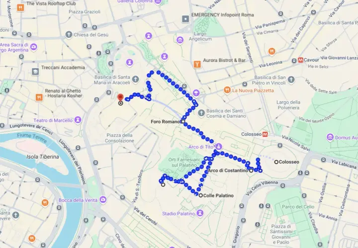 Percorso a piedi per un itinerario cosa vedere a Roma: dal Ghetto al Colosseo, passando per il Foro Romano e il Palatino.