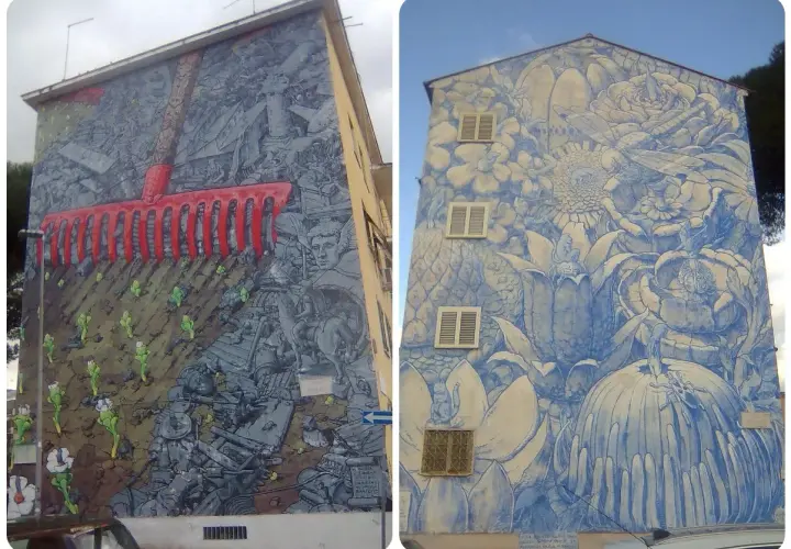 Due murales a San Basilio: uno con un rastrello rosso su un campo di detriti e figure mitologiche, l'altro con fiori e insetti in blu.
