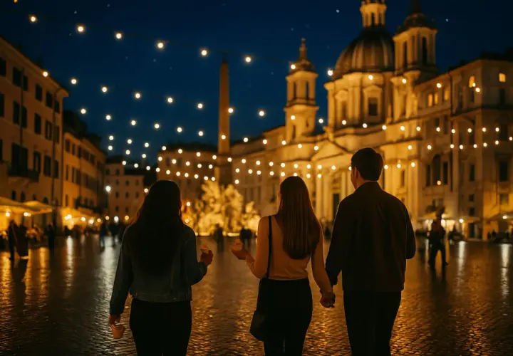 Passeggiata serale a Roma, con luci soffuse che illuminano la piazza e un'atmosfera magica.