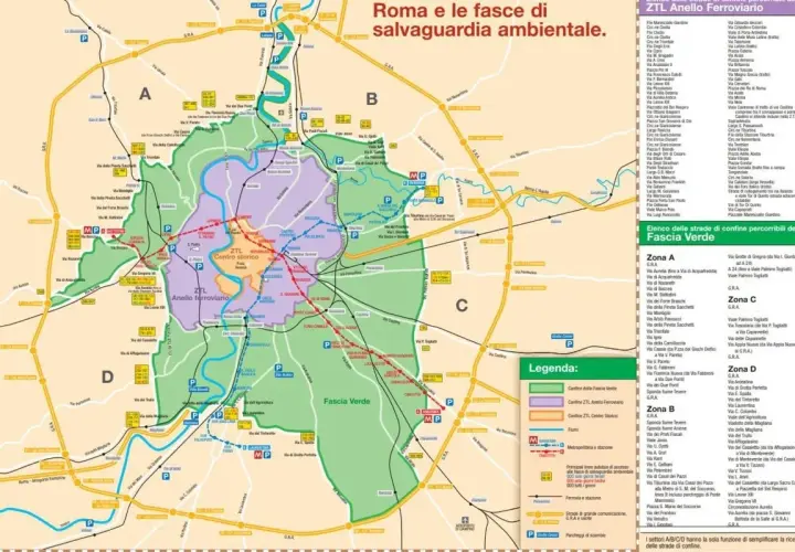 Mappa di Roma con ZTL, parcheggio Ludovisi e Fascia Verde. Le zone A, B, C, D semplificano la ricerca delle strade di confine.
