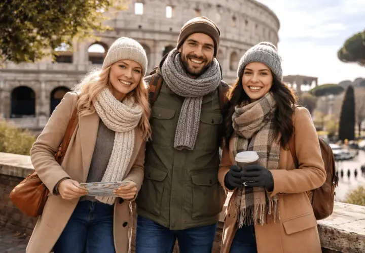 Tre amici sorridono davanti al Colosseo, vestiti a strati con cappelli e sciarpe. Perfetto per sapere come vestirsi a Roma in questi giorni!