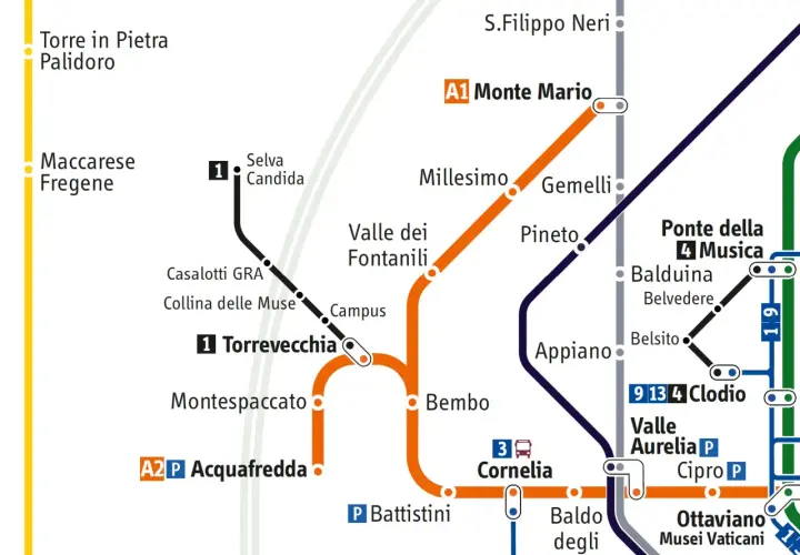 Mappa metro Roma: linea A, con fermate Valle Aurelia, Cornelia, Ottaviano e Termini.