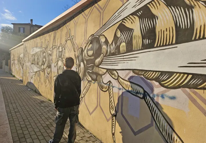 Ragazzo ammira un murale di insetti stilizzati a Quadraro, Roma. La parete gialla è decorata con un'ape gigante e altre creature.