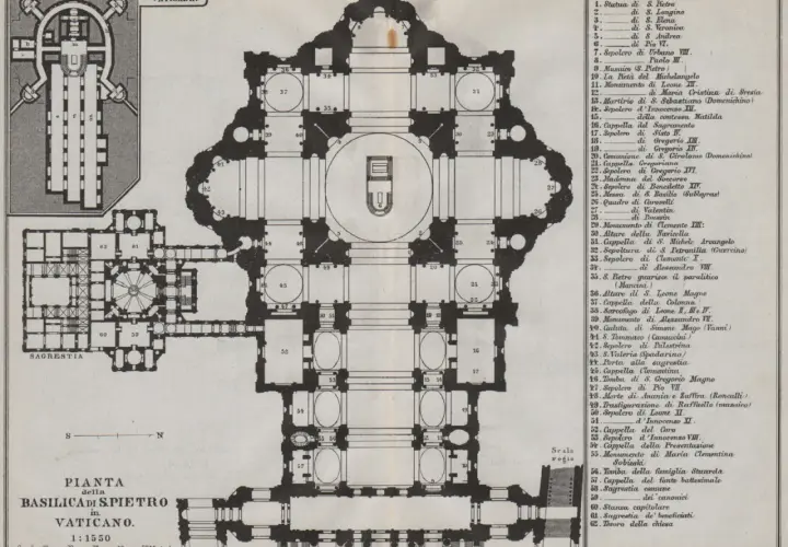 Pianta della Basilica di San Pietro in Vaticano. Descrizione dettagliata degli elementi architettonici e delle sepolture.