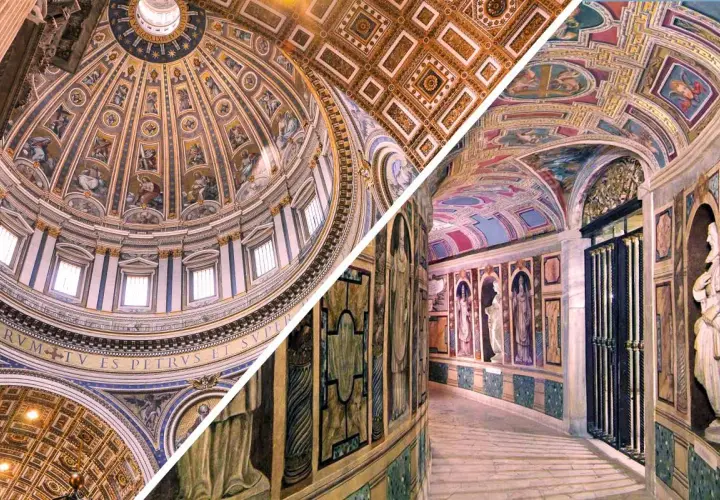 Interni della basilica di San Pietro: la cupola maestosa e un corridoio affrescato. Ricerca breve.