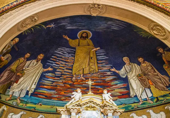 Mosaico nella basilica dei Santi Cosma e Damiano: Cristo ascende su una scala di nuvole, accolto da santi e angeli.