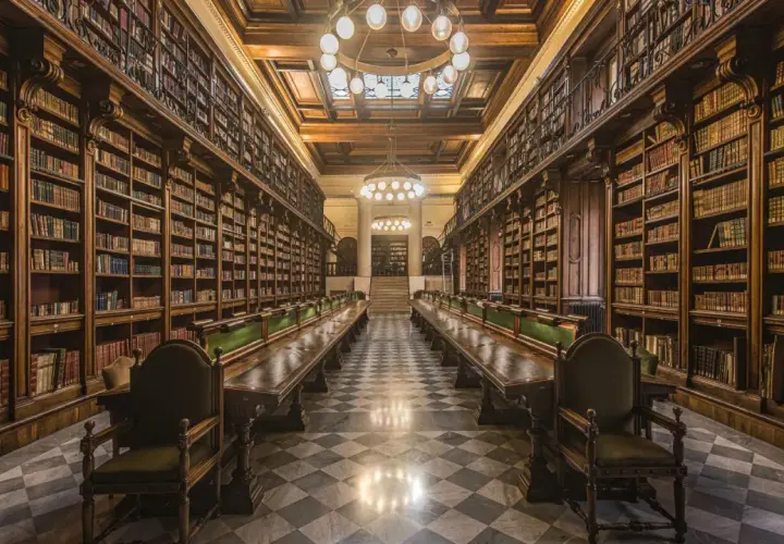 Interno della biblioteca di archeologia e storia dell'arte a Roma, con lunghe tavolate e scaffali pieni di libri antichi.