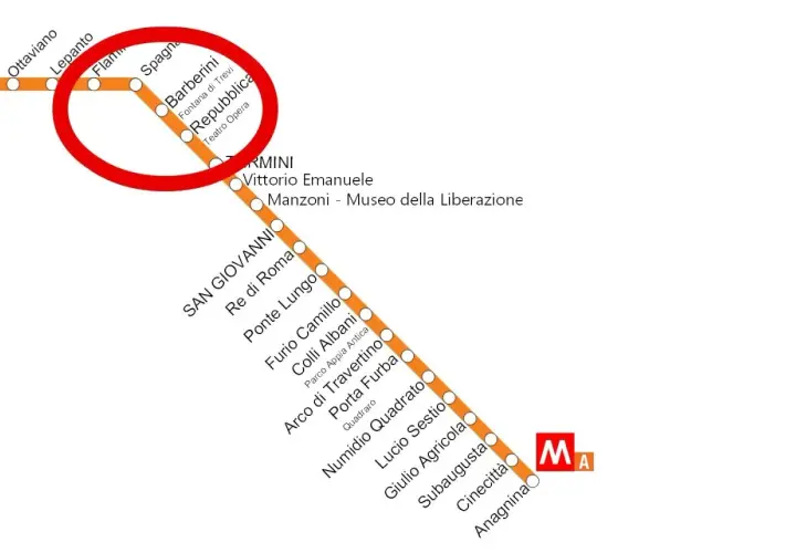 Mappa metro Roma: la linea A con fermate da Ottaviano a Anagnina. In evidenza la zona di Barberini.