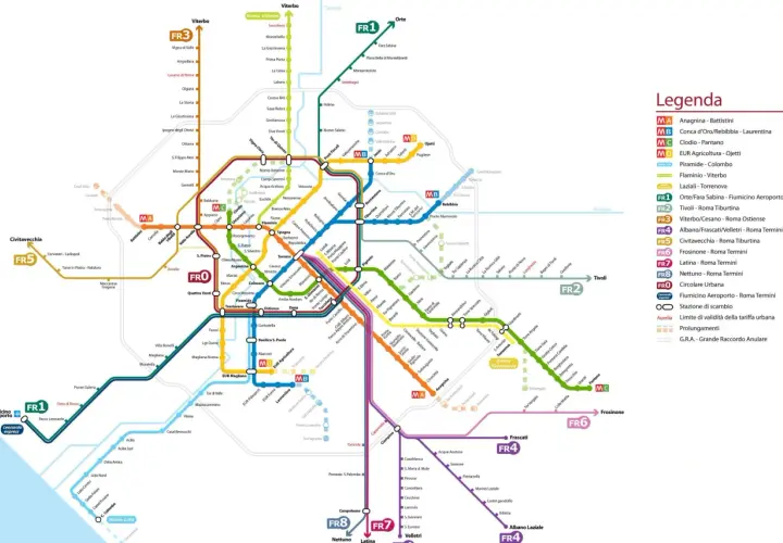 Mappa della metropolitana di Roma, con la stazione EUR Fermi evidenziata. Include le linee FR1, FR2, FR3, FR4, FR5, FR6, FR7, FR8 e FRO.