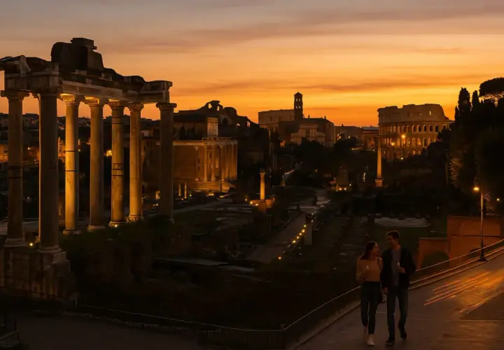 Coppia passeggia al tramonto tra le rovine del Foro Romano, con il Colosseo illuminato sullo sfondo. Un'atmosfera magica, ideale per scoprire Roma nel periodo migliore.