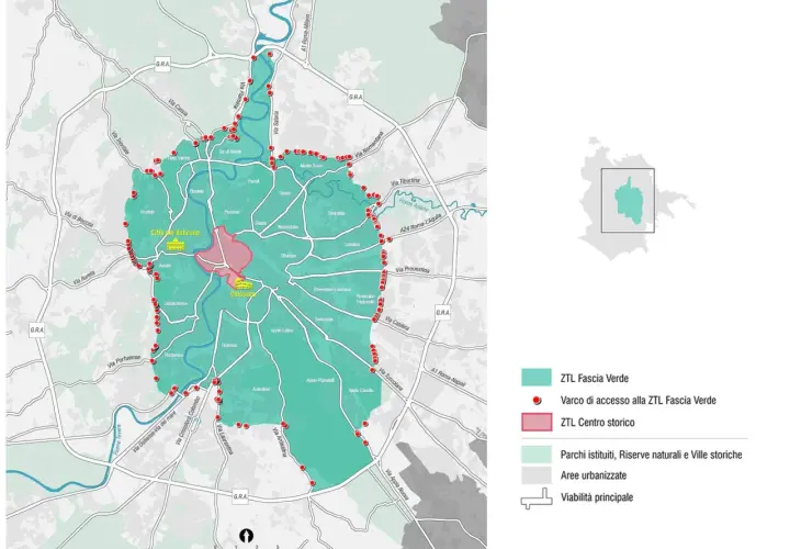 Mappa di Roma: come arrivare a Termini senza ZTL. Indica la Fascia Verde, i varchi e il Centro Storico.