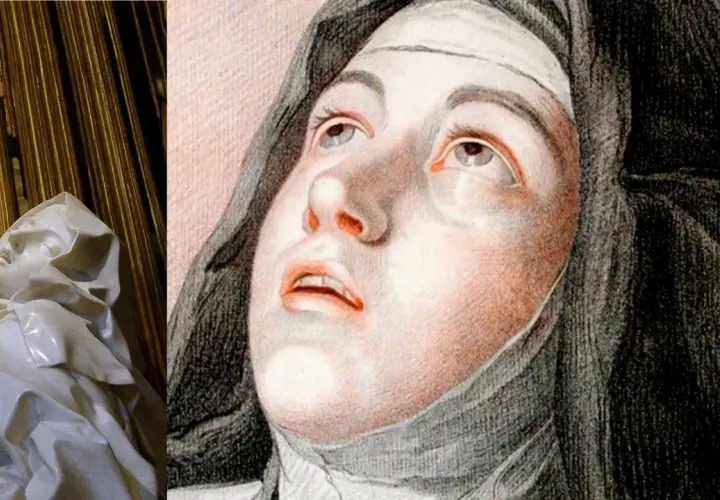 Collage: scultura di marmo bianco di Santa Teresa in estasi e un disegno a matita del suo volto.