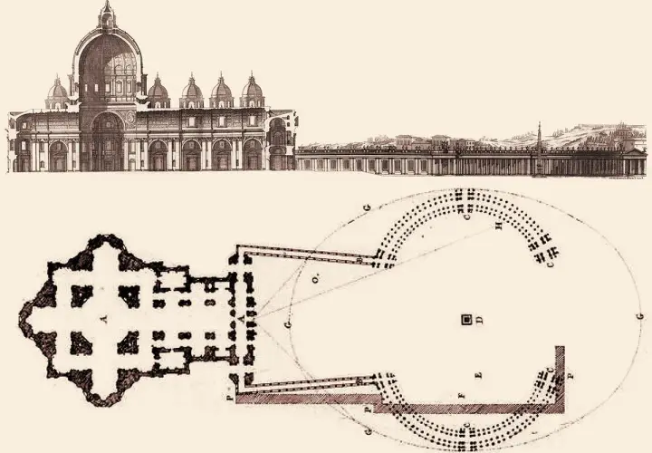 Disegno architettonico di San Pietro: vista esterna e pianta. L'altezza di San Pietro è rappresentata in dettaglio.