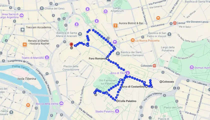 Percorso a piedi per un itinerario cosa vedere a Roma: dal Ghetto al Colosseo, passando per il Foro Romano e il Palatino.