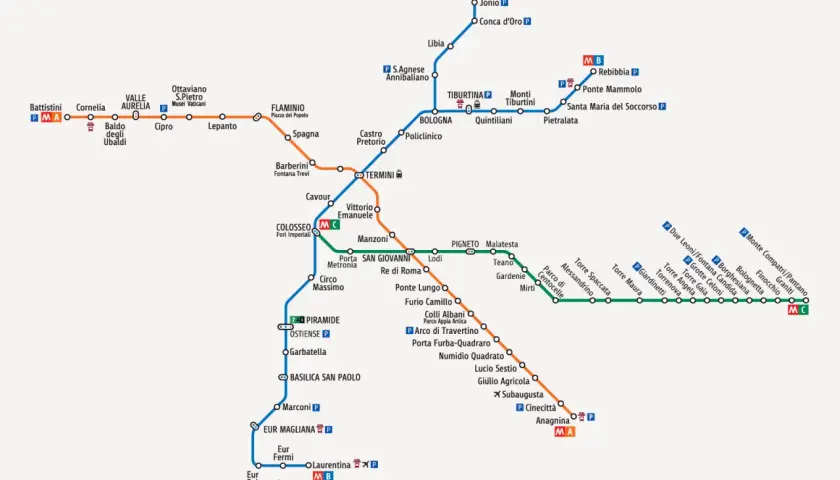 Mappa della metropolitana di Roma: da Anagnina a Termini, con le linee A, B e B1 che collegano le principali stazioni.