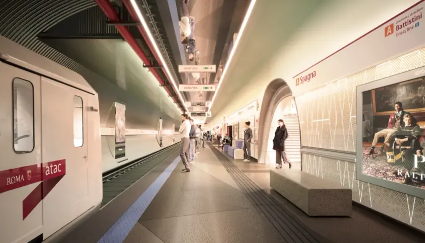 Stazione metro Spagna, un treno ATAC bianco attende passeggeri su un binario moderno.