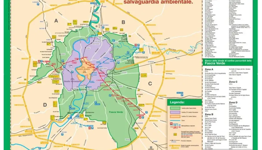 Mappa di Roma con ZTL, parcheggio Ludovisi e Fascia Verde. Le zone A, B, C, D semplificano la ricerca delle strade di confine.