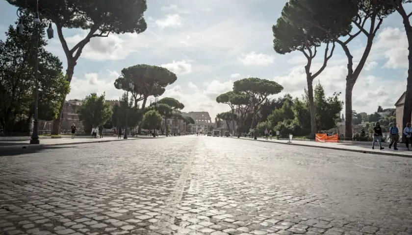 Strada acciottolata verso il Colosseo, un'icona per chi ama il roma viaggiare. Pini marittimi maestosi incorniciano la vista.
