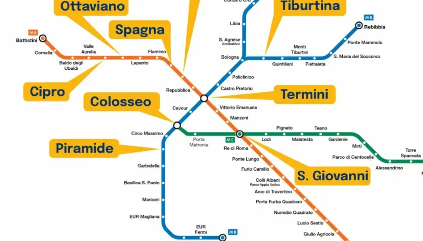 Mappa della metro di Roma con le linee A, B e C. Utile per sapere a che ora apre la metro e pianificare gli spostamenti.