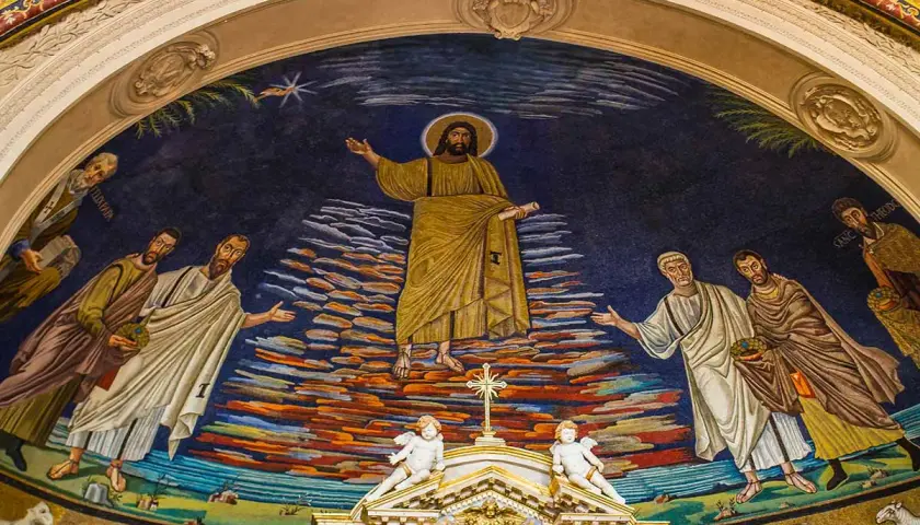 Mosaico nella basilica dei Santi Cosma e Damiano: Cristo ascende su una scala di nuvole, accolto da santi e angeli.