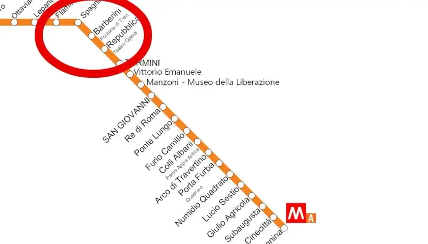 Mappa metro Roma: la linea A con fermate da Ottaviano a Anagnina. In evidenza la zona di Barberini.