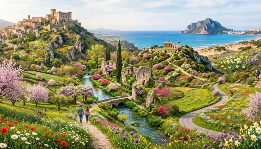 Un paesaggio idilliaco con un castello in collina, rovine antiche, un fiume e un mare azzurro. Un luogo perfetto da scoprire, tra i tesori da vedere a Latina.