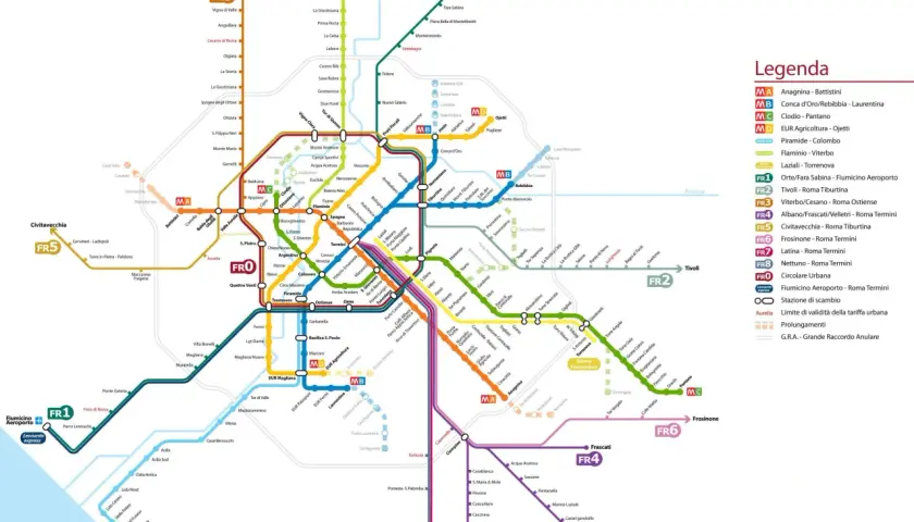 Mappa della metropolitana di Roma, con la stazione EUR Fermi evidenziata. Include le linee FR1, FR2, FR3, FR4, FR5, FR6, FR7, FR8 e FRO.