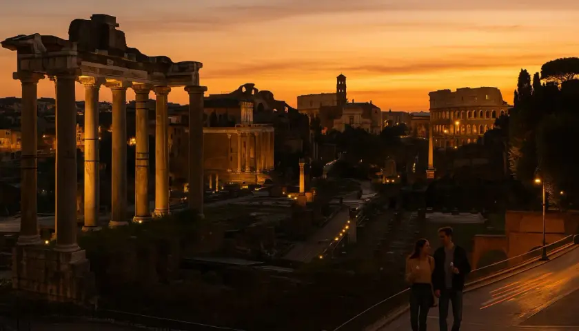 Coppia passeggia al tramonto tra le rovine del Foro Romano, con il Colosseo illuminato sullo sfondo. Un'atmosfera magica, ideale per scoprire Roma nel periodo migliore.