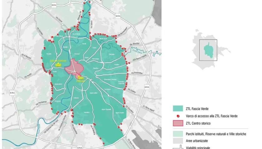 Mappa di Roma: come arrivare a Termini senza ZTL. Indica la Fascia Verde, i varchi e il Centro Storico.
