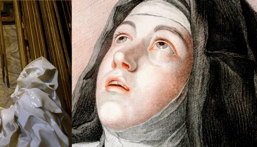 Collage: scultura di marmo bianco di Santa Teresa in estasi e un disegno a matita del suo volto.