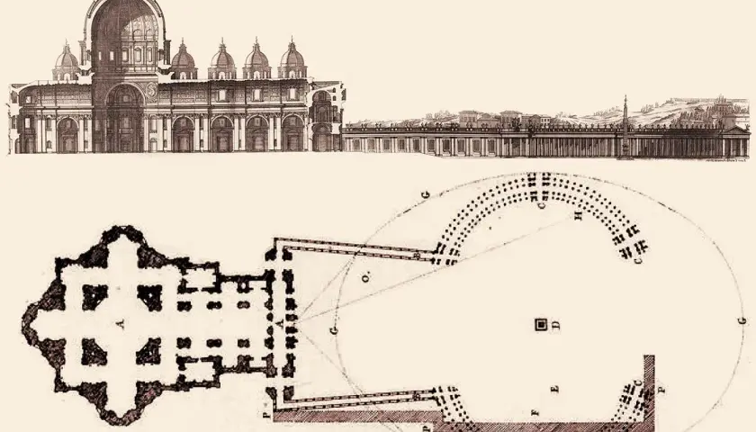 Disegno architettonico di San Pietro: vista esterna e pianta. L'altezza di San Pietro è rappresentata in dettaglio.